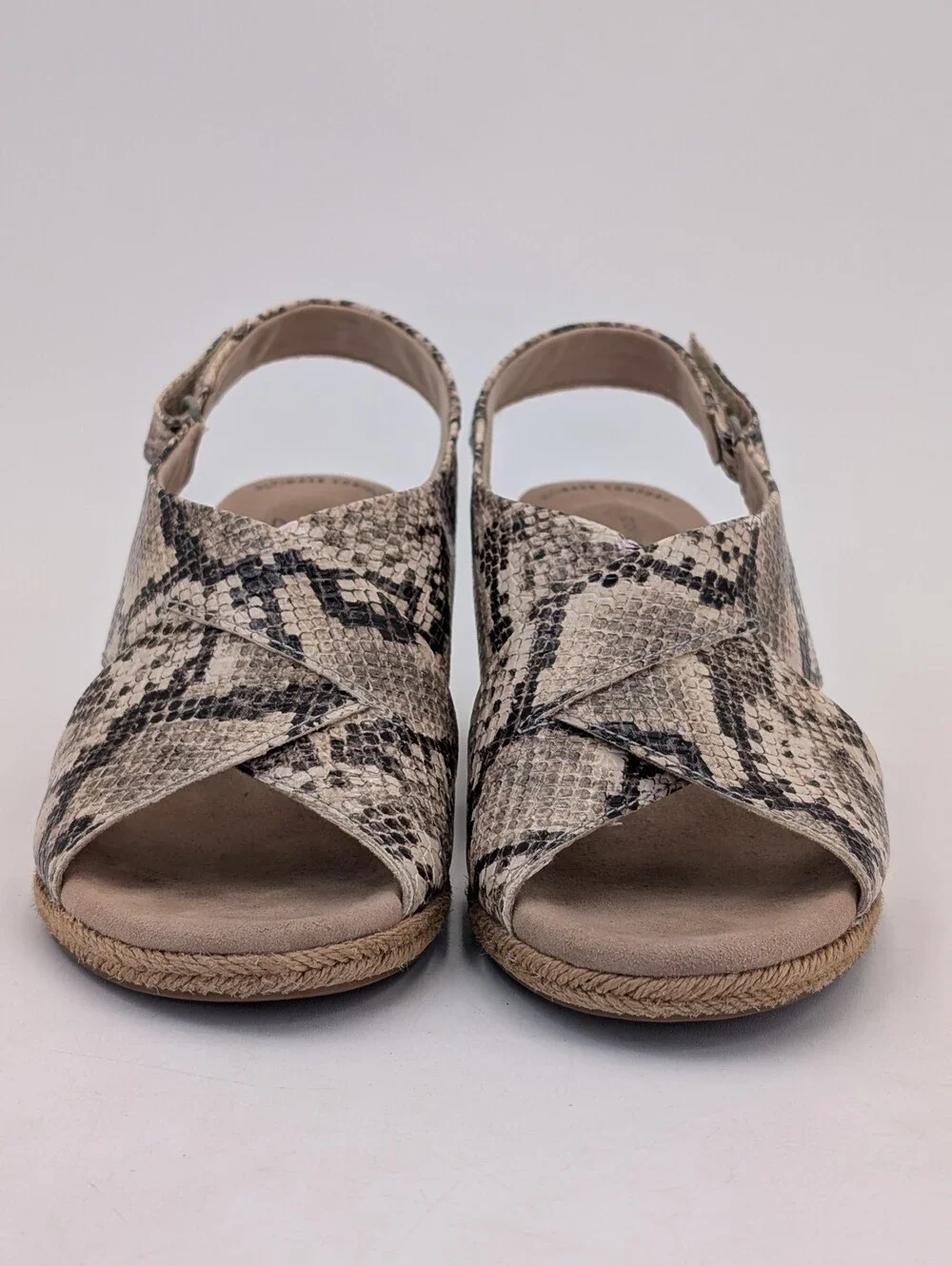 Clarks Collection Lafley Alaine Sz 9W Taupe Snake Print Espadrille Wedge Sandal